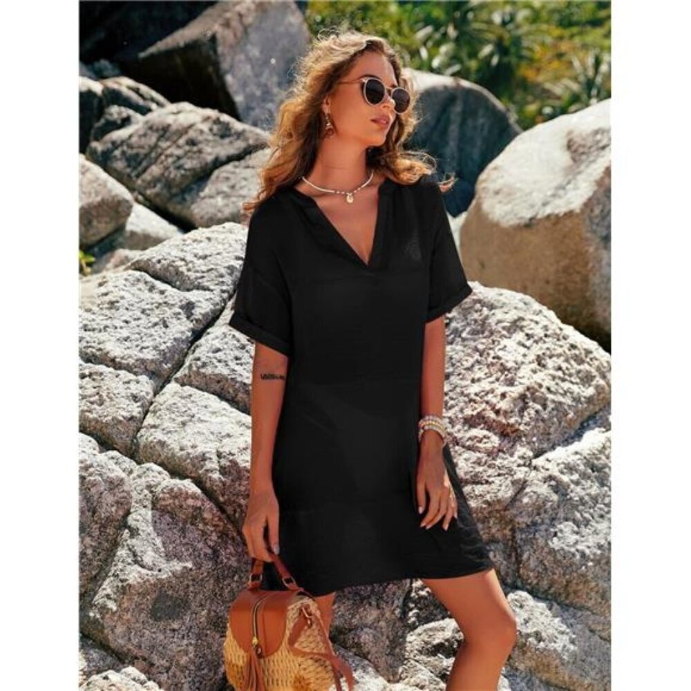 Women's Beach Cover Up Dress V-Neck Short Sleeve A-Line Swimsuit Bikini - Picture 3 of 7
